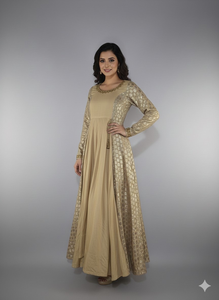 Elegant Beige Anarkali Suit with Metallic Brocade Panels and Hand-Embroidered Neckline