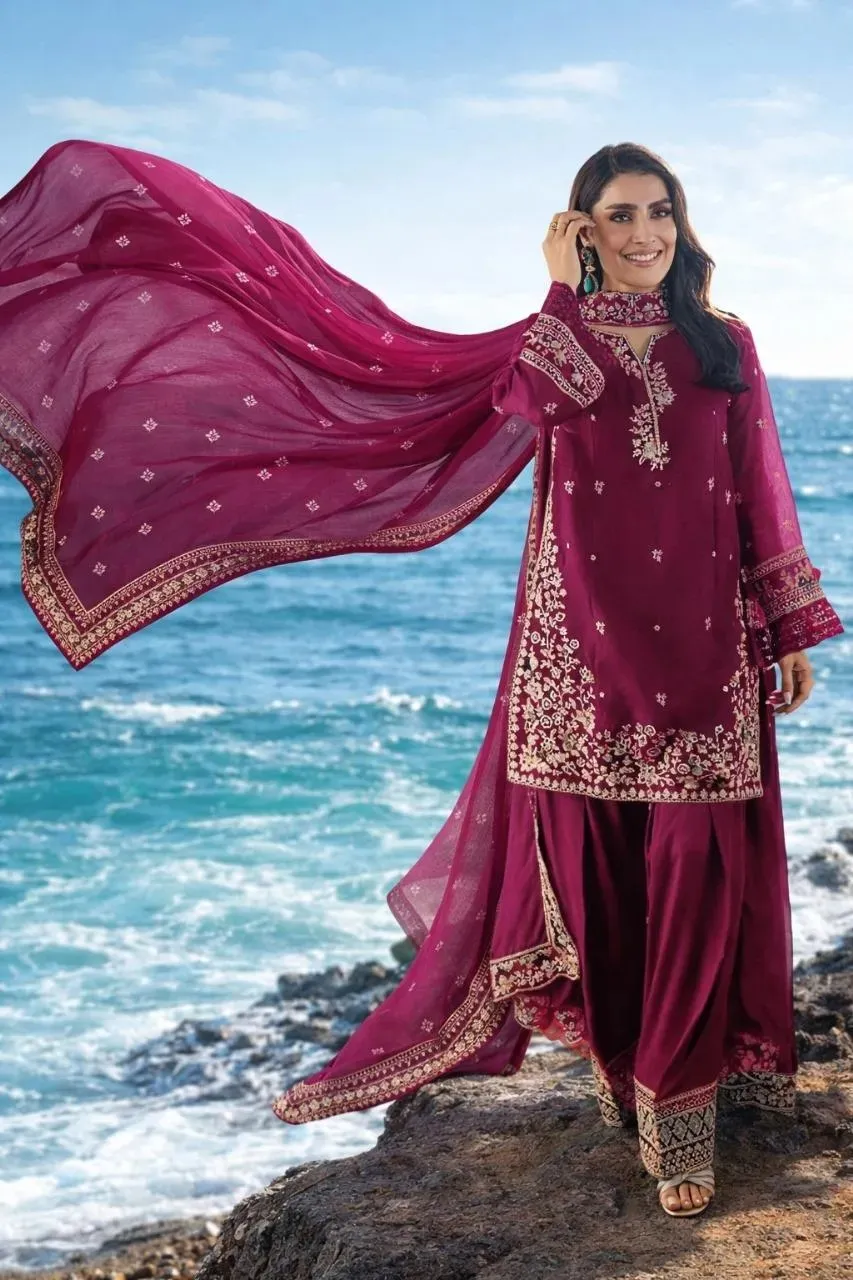 Unstitched 3 Pcs Women's Embroidered Suit