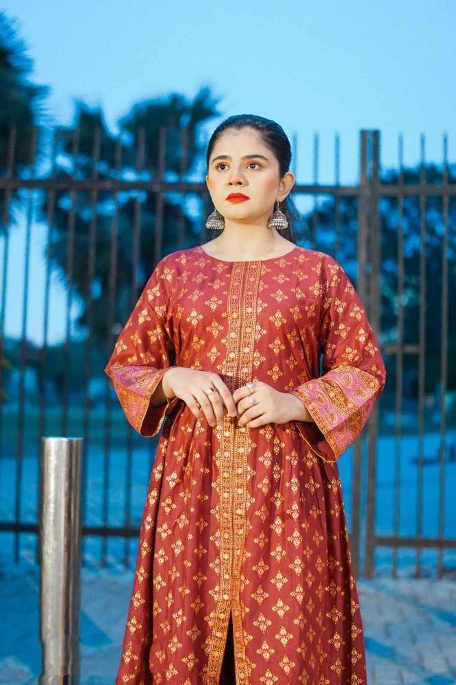 2 Pcs Women's Stitched Katan Silk Printed Maxi Orange