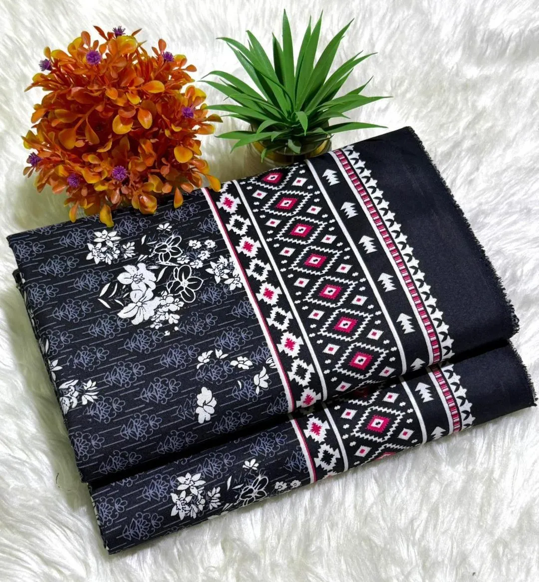 2 Pcs Women's Unstitched Printed Suit Black