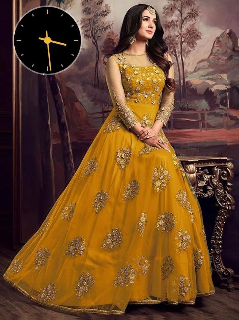 2 Pcs Women's Stitched Organza Embroidered Maxi And Trouser Mustard